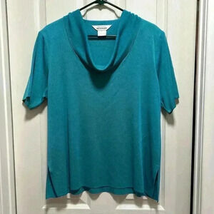 Exclusively Misook Blue Cowl Neck Short Sleeve Top Shirt Shoulder Pads Sz XL